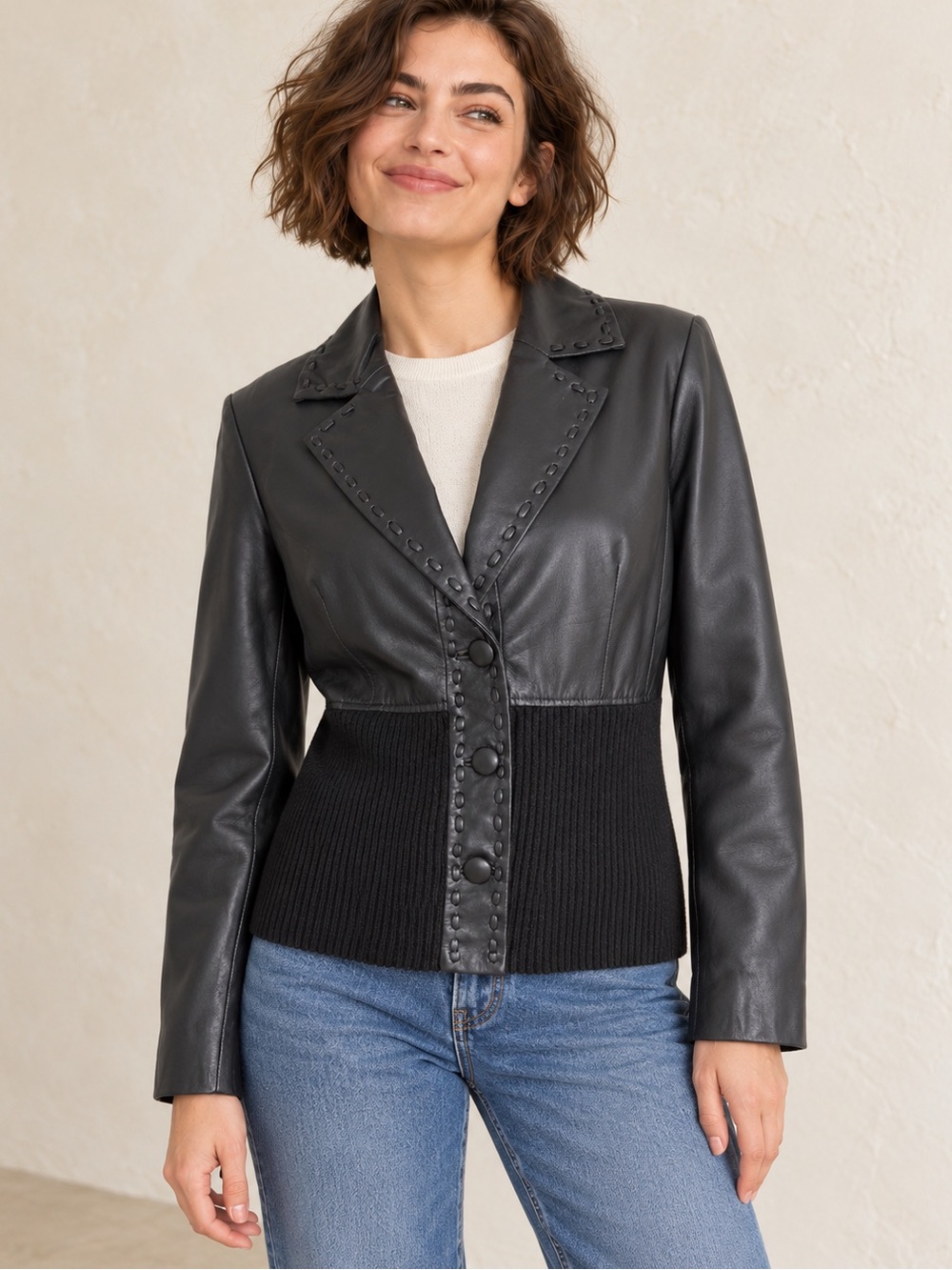 Soft Leather Jacket Cropped Black Knit Panel Blazer Medium. Rafinella